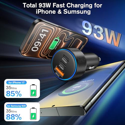 USB C Car Charger, 3-Port 93W Dual USB-C+USB-A Fast Charging Adapter - color: 3 Pack Black