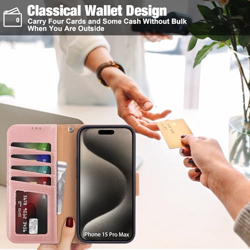 Arae Compatible with iPhone 15 Pro Max Case with Card Holder and Wrist Strap Wallet Flip Cover for iPhone 15 Pro Max 6.7 inch,Rose Gold - color: Rose Gold, size: iPhone 15 Pro Max 6.7 inch
