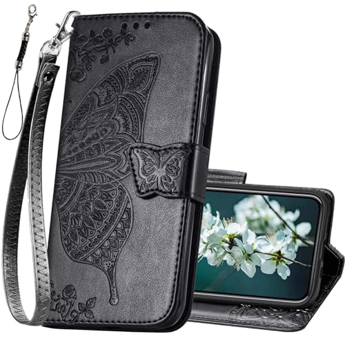 for iPhone 12 Pro/iPhone 12 Wallet Case,Women Flip Folio Cover with Butterfly Embossed PU Leather Kickstand Credit Card Holder Slots Wrist Strap for iPhone 12/12 Pro 6.1 inch (Black) - color: Black