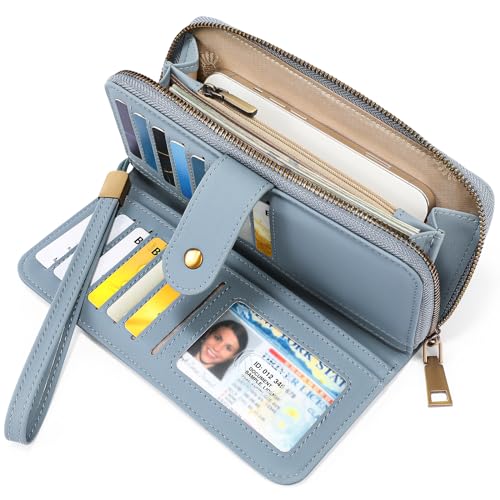 GAEKEAO RFID Leather Wristlet Wallet for Women with Grip Strap | Large capacity clutch wallet, credit card holder, wrist strap, zipper purse, travel and shopping - color: Blue