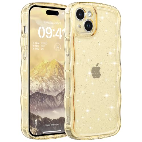 FABSPARK for iPhone 13/14,Glitter Wavy Clear PC Case,Clear Yellow | Cute Curly Wave | Non-Yellowing Transparent Acrylic | Case with Sparkly Bling for iPhone 14/13,Glitter Clear Yellow - color: Glitter Clear Yellow, size: for iPhone 13/14