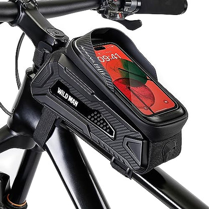 WILD MAN Hard Shell Bike Phone Frame Bag Waterproof Top Tube Bike Phone Bag with Sensitive Touch Screen for Road Mountain MTB Cycling(M30,Black) - color: Black
