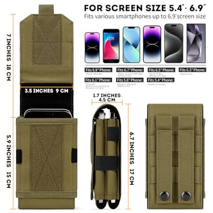 Dual Tactical Phone Pouch Molle Phone Holster Double Capacity Holder Universal Utility EDC Pouch for iPhone 17 Pro Max/17 Pro/16 Pro Max/16 Pro/15 Pro Max/15 - color: Khaki