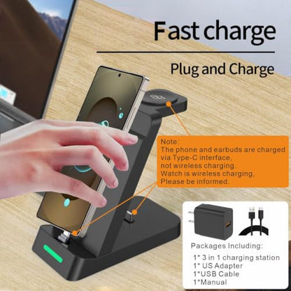 3 in 1 Fast Charging Station for Samsung Galaxy Phones Watch Earbuds Charger, Fast Android Charger Stand Dock for Samsung Galaxy S25/S24/S23/S22/21/20/Note20/10 Galaxy Watch Ultra 8/7/6/5/4 (Black) - color: Black
