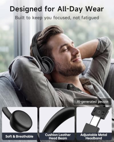 AOC Wireless Headset with Mic for Work, Bluetooth 5.4 Wireless Headset with AI Noise Canceling Mics, USB A/C Dongle, Charging Base & Mic Mute, Wireless Headphones for Laptop, PC (Classic Black)