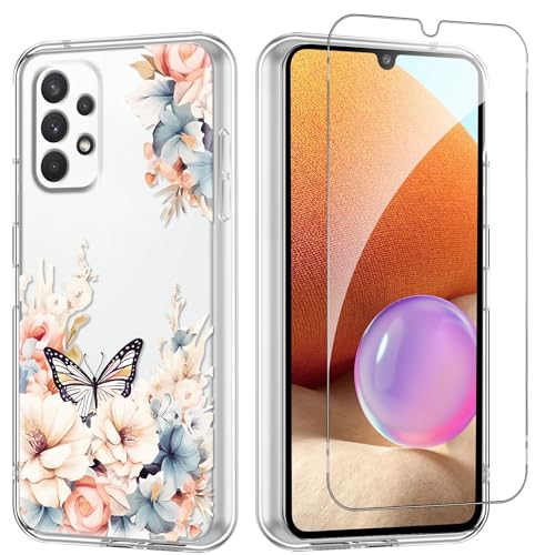 Flower Phone Case Floral for Samsung Galaxy A32（5G） 6.5'' with Screen Protector, Clear Transparent Phone Cover Slim Soft Shockproof Anti-Scratch Drop Protection Funda for Girls Women - color: Yellow Peony, size: Samsung Galaxy A32（5G）