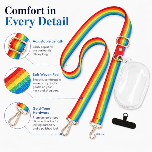 chushui Clip and Go Strap for Phone with Wallet Crossbody, Adjustable Anti-Theft Cell Phone Lanyard,Purse Strap with Zippered Pouch, for Women - color: Rainbow + Clear Pouch + Phone Shim