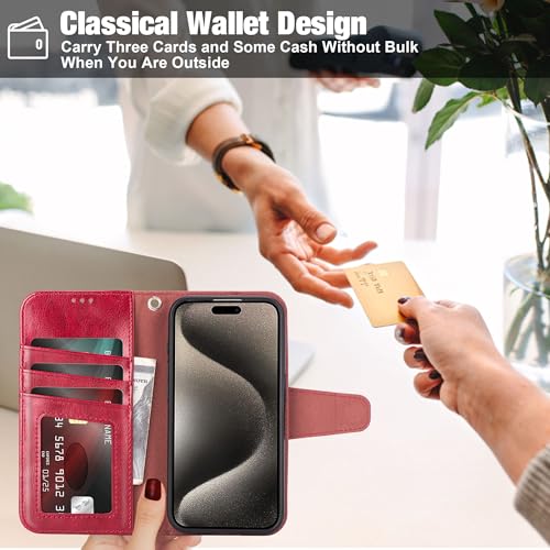 Arae Compatible with iPhone 15 Pro Case with Card Holder and Wrist Strap Wallet Flip Cover for iPhone 15 Pro 6.1 inch,Wine Red - color: Wine Red, size: iPhone 15 Pro 6.1 inch