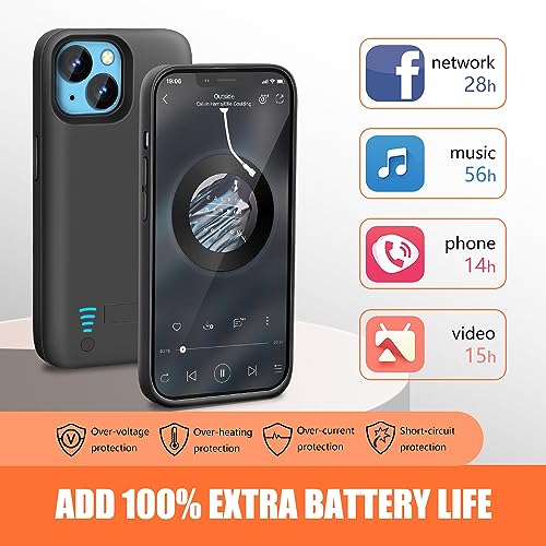 [Upgraded] Battery Case for iPhone 14, 5000mAh Rechargeable Extended Battery Charging/Charger Case, Add 100% Extra Juice, Support Wire Headphones (6.1 inch) Black