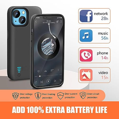 [Upgraded] Battery Case for iPhone 14, 5000mAh Rechargeable Extended Battery Charging/Charger Case, Add 100% Extra Juice, Support Wire Headphones (6.1 inch) Black