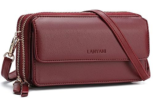 RFID Crossbody Wallet Wristlet Purse with Phone Pocket For Women Vegan Leather - color: Burgundy