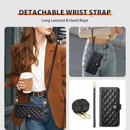 Wallet Phone Case Crafted for iPhone 17 Pro Black | Women Wallet Flip Case Cover Wrist Strap Zipper Credit Card Holder Slots PU Leather - color: Black, size: iPhone 17 Pro