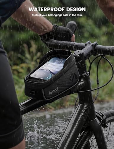 Lamicall Bike Frame Bag Waterproof - [1.6L Large Capacity] Bike Phone Bag | Bike Phone Holder Mount, Bicycle Front Bag, Cycling Pouch with Rain Cover, Bike Accessories for Phones Under 7"