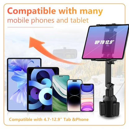 WUITIN Cup Holder Car Tablet Mount for Car, 360° Adjustable 15" Long 2-Arm Stand Holder for iPad,Samsung Galaxy Tab/Z Fold 4/3, iPhone 15/14/Pro, 4.7-12.9" Tab &Phone
