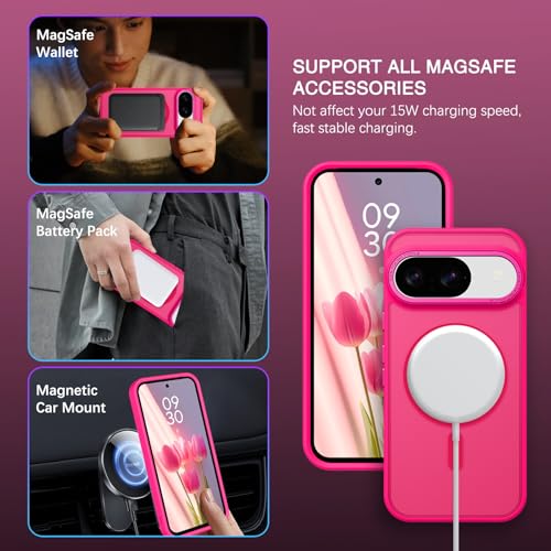 BENTOBEN for Google Pixel 9 Case [Compatible with Magsafe] Translucent Matte Magnetic Pixel 9 Case Slim Thin Shockproof Women Men Girls Boys Protective Phone Cases for Google Pixel 9 6.3", Hot Pink - color: Hot Pink