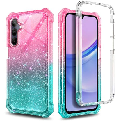 Compatible with Samsung Galaxy A15-5G Phone Case Glitter Pink/Aqua | Full-Body Protective Shockproof Bumper Cover with Tempered Glass Screen Protector, 12FT Military Grade Drop Tested - color: Glitter Pink/Aqua, size: Samsung Galaxy A15-5G