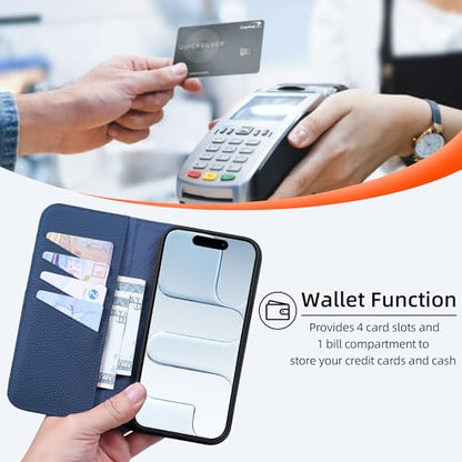 VISOUL Pebbled Leather Wallet Case for iPhone 17 Pro Max 6.9" 2025, Genuine Leather Flip Folio Cover with RFID Blocking Card Holders, Kickstand, Soft TPU Protective Flip Cover -Black+Blue - color: Black+Blue