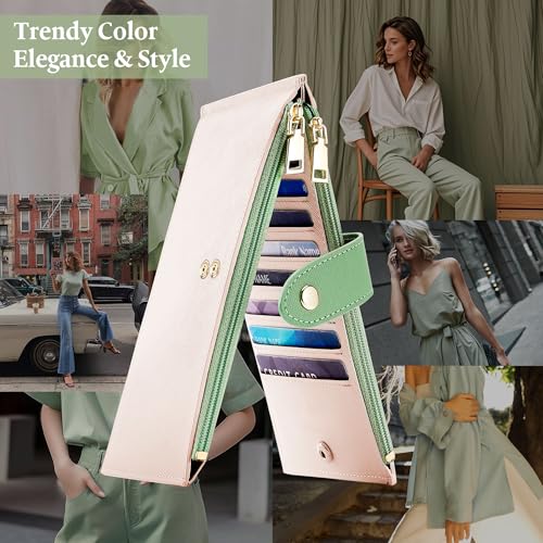 Travelambo RFID Wallet Women Bifold Multi Card Wallet Case with Zipper Pocke Credit Card Holder for Women - color: Beige & Sage Green