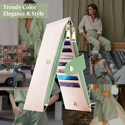 Travelambo RFID Wallet Women Bifold Multi Card Wallet Case with Zipper Pocke Credit Card Holder for Women - color: Beige & Sage Green