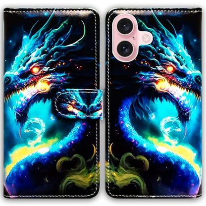 Bcov Case for iPhone 16,Blue Dragon Multifunction Leather Phone Case Wallet Flip Cover with Multi Card Slots Pocket Wrist Strap for Apple iPhone 16 - color: Blue Dragon