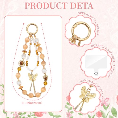 WOZEAH Phone Charm for Women, Beaded Wrist Strap Lanyard with Tether Tab – Anti-Theft Hands-Free Detachable Phone Chain Wristlet - color: Amber Butterfly Tassel