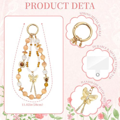 WOZEAH Phone Charm for Women, Beaded Wrist Strap Lanyard with Tether Tab – Anti-Theft Hands-Free Detachable Phone Chain Wristlet - color: Amber Butterfly Tassel