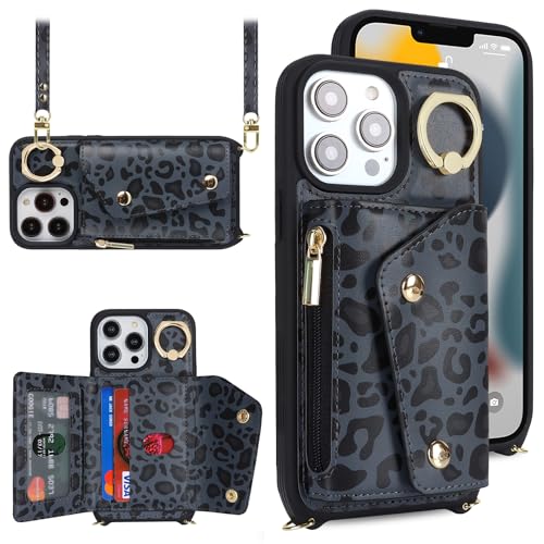 Lipvina Crossbody Wallet Case for iPhone 13 Pro,Black Leopard - color: 04-Black Leopard, size: iPhone 13 Pro 6.1"