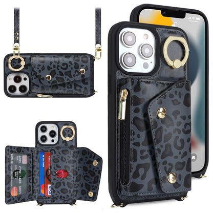 Lipvina Crossbody Wallet Case for iPhone 13 Pro,Black Leopard - color: 04-Black Leopard, size: iPhone 13 Pro 6.1"