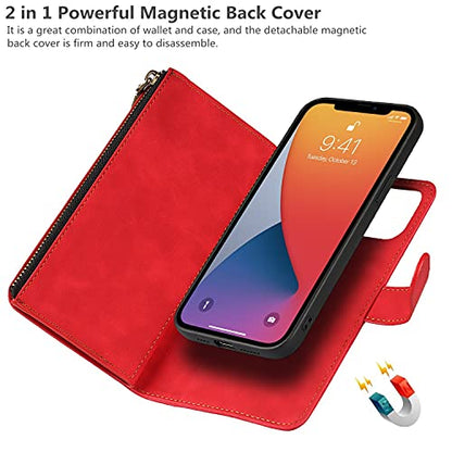 iCoverCase Compatible with iPhone 13 Wallet Phone Case with Card Holder, PU Leather Zipper Pocket Magnetic Detachable Flip Case with Wrist Strap (Red) - color: Detachable--Red