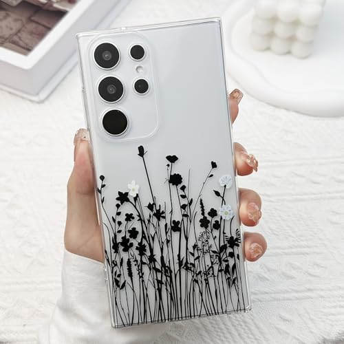 for Samsung Galaxy S23 Ultra Case, Floral Flowers Cute Aesthetic Clear Lavender Pattern Case for Women Girls,Transparent Slim Soft Shockproof Cover for S23 Ultra,Black Lavender - color: Black Lavender, size: for Samsung Galaxy S23 Ultra