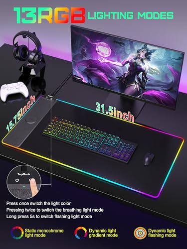 Mouse Pad with Wireless Charging, 31.5" x 15.75" XXL Large Desk Mat - color: RGB-31.5"x15.8"