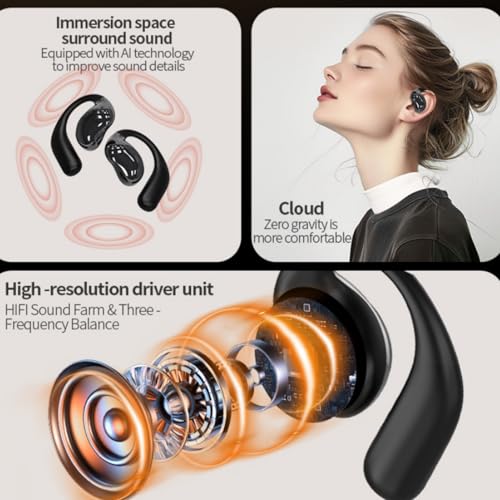 Open Ear Headphones,Wireless Bluetooth 5.4 Earbuds Over Ear Active Noise Cancelling with Intelligent Touch Screen Waterproof Bone Conduction Translator Earphones with Charging Case for Fitness Calls - color: open ear black