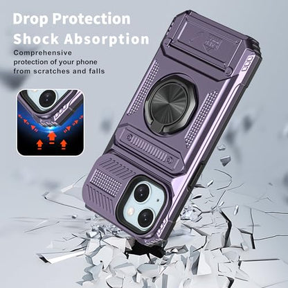 Vofolen for iPhone 15 Wallet Case with Card Holder [Store 2 Cards] Purple | 360°Magnetic Rotated Ring Stand Dual Layer Heavy Duty Shockproof Drop Protection Wallet Phone Case for iPhone 15-6.1'' Purple - color: Purple