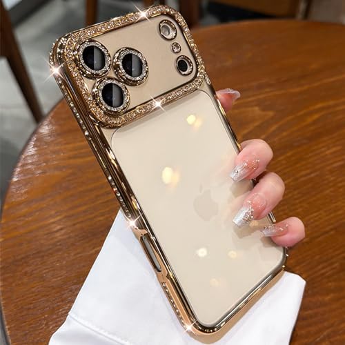 Glitter Diamond Case for iPhone 17 Pro Clear Built in Shiny Camera Protector 17 Pro Case Women Girls Cute Bling Sparkle Luxury Plating Soft TPU Shockproof Protective Phone Cover 6.3", Gold - color: Gold, size: For iPhone 17 Pro 6.3"