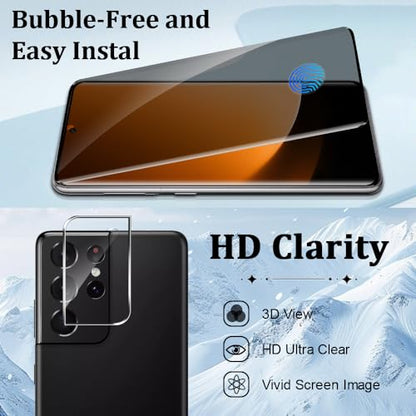 2 Pack Galaxy S21 Ultra Privacy Screen Protector and 2 Pack Camera Lens Protector, 9H Hardness Anti-Spy Tempered Glass, Fingerprint Compatible, 3D Full Coverage, Bubble Free, Anti Scratch (6.8 Inch)