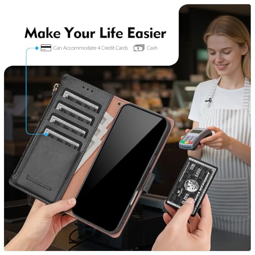 Compatible with iPhone 17e / 16e Wallet Case with Card Holder RFID Blocking Zipper Poket PU Leather Flip Phone Case with Wrist Strap Credit Card Slots Men Women,Black - color: Black