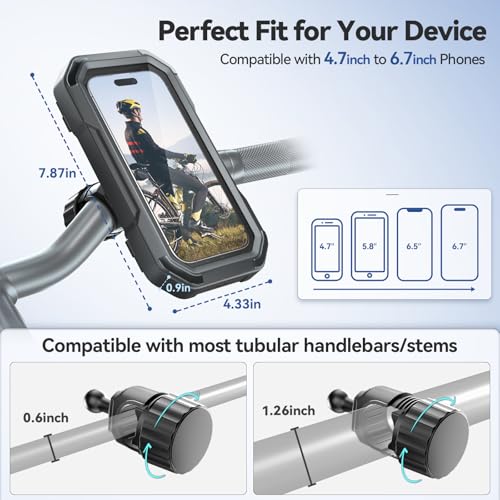 KDD Waterproof Bike Phone Holder - 360 Rotation Motorcycle Phone Mount, Fully Enclosed Touch Sensitive Design, Bicycle Phone Clamp Compatible with iPhone 16 Pro Max/15/14/13/12,4-6.7” Phones