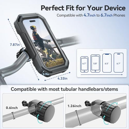 KDD Waterproof Bike Phone Holder - 360 Rotation Motorcycle Phone Mount, Fully Enclosed Touch Sensitive Design, Bicycle Phone Clamp Compatible with iPhone 16 Pro Max/15/14/13/12,4-6.7” Phones