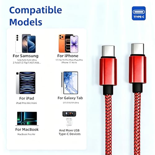 USB C to C Cable 60W 3.3ft 2-Pack Nylon Braided for iPhone 17/16/15 Red - color: Red, size: 3.3FT