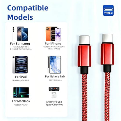 USB C to C Cable 60W 3.3ft 2-Pack Nylon Braided for iPhone 17/16/15 Red - color: Red, size: 3.3FT