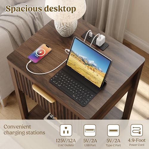 Night Stand Set 2, Fluted Wood Nightstands w/Charging Station for Bedroom - color: Walnut, size: 1 Drawer-Set of 2 Nightstand