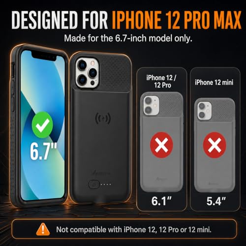 Alpatronix Battery Case for iPhone 12 Pro Max / 13 Pro Max, Slim Portable Protective Extended Charger Cover with Wireless Charging, Lightning Input, Apple Pay, CarPlay - BX12Pro Max - Matte Black - size: iPhone 12 Pro Max & iPhone 13 Pro Max