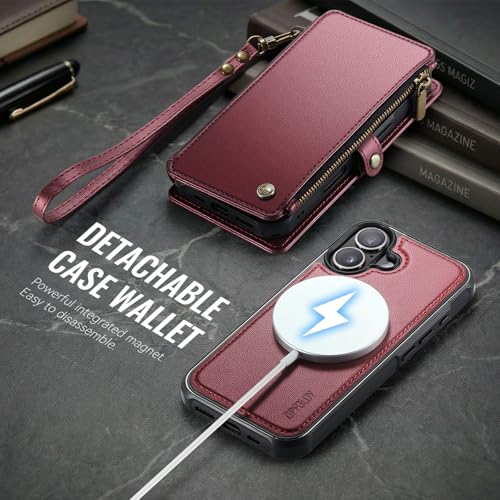 for iPhone 16 - Phone Case Wallet Magnetic Detachable, Burgundy - color: Burgundy, size: iPhone 16