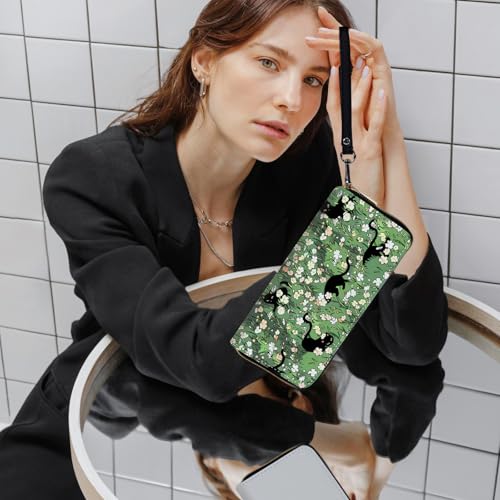 Ladies Wallet,Clutch Purses for Women Wallets Leather Credit Card Holder for Women Wristlet Slim Small Cute with Zipper,Thin RFID Blocking with Wrist Strap,Cat Flower Green - color: Cat Flower Green