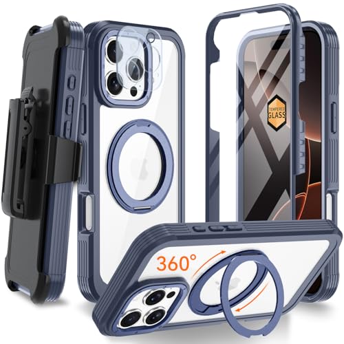 Upgraded 360° Spin Magnetic Invisible Ring Stand Case for iPhone 16 Pro Max 6.9",Compatible with MagSafe, Full Body Rugged Case with Built-in Screen Protector & Kickstand & Belt-Clip (Blue) - color: Blue