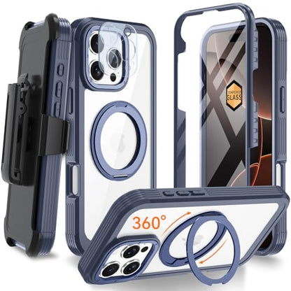 Upgraded 360° Spin Magnetic Invisible Ring Stand Case for iPhone 16 Pro Max 6.9",Compatible with MagSafe, Full Body Rugged Case with Built-in Screen Protector & Kickstand & Belt-Clip (Blue) - color: Blue