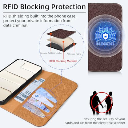 VISOUL Pebbled Genuine Leather Wallet Case for iPhone 17 Pro Max 6.9" 2025, Flip Folio Cover with RFID Blocking Card Holders, Kickstand, Soft TPU Protective Cover - Chocolate+Brown - color: Chocolate+Brown