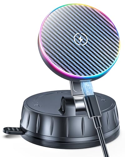 15W MagSafe Car Charger Mount, Magnetic Wireless Car Phone Holder with Dual Input Port, Vacuum Suction & Nano Adhesive Base, 360° Rotation Stable Car Charging Stand for iPhone 12-17, Samsung S26