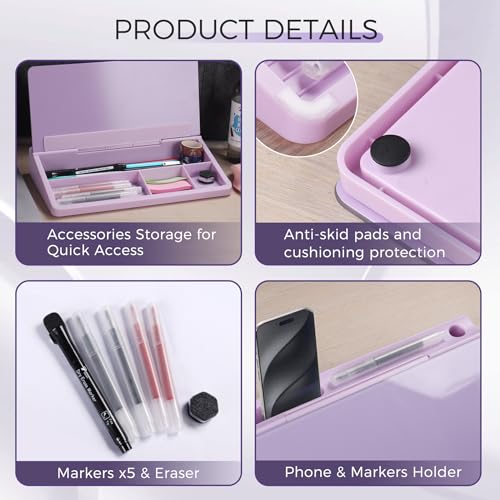 TOWON Compact Glass Desktop Whiteboard with Storage 12x7 in, Lavender - color: Purple