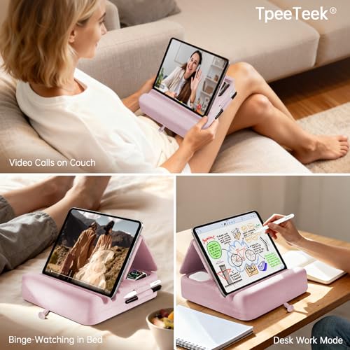 Tablet Pillow Stand with Storage, Foldable iPad Holder for Lep, Bed, Sofa, and Desk - Soft Pad Dock with Pocket and Stylus Mount Compatible with 4-13" iPad Pro/Air/Mini, Galaxy Tab, Kindle (Purple) - color: Purple